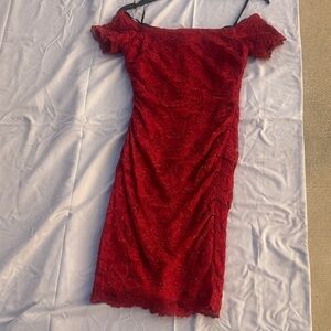 Betsy & Adam Red Lace Off-Shoulder Mini Dress